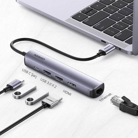 Hub USB-C UGREEN CM418 (10919), 2 x USB-A 3.0 - 1 x USB-C - 1 x HDMI - 1 x RJ45, Sivý