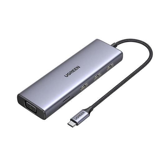 Hub USB-C UGREEN CM498 (15600), 3 x USB-A 3.0 - 1 x USB-C - 1 x HDMI - 1 x VGA - 1 x RJ45 - 1 x SD - 1 x microSD, Sivý