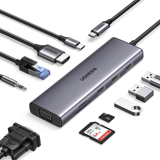 Hub USB-C UGREEN CM498 (15601), 3 x USB-A 3.0 - 1 x USB-C - 1 x HDMI - 1 x VGA - 1 x Jack 3.5mm - 1 x RJ45 - 1 x SD - 1 x microSD, Sivý
