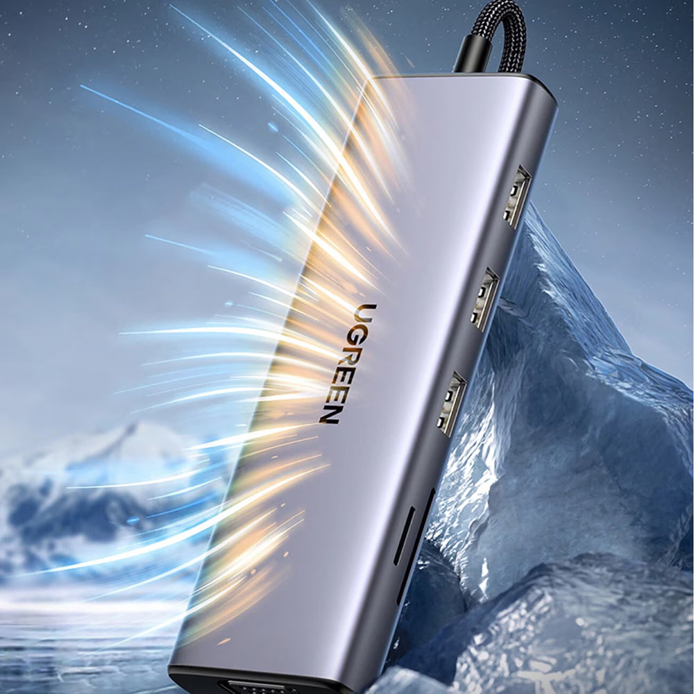 Hub USB-C UGREEN CM498 (15600), 3 x USB-A 3.0 - 1 x USB-C - 1 x HDMI - 1 x VGA - 1 x RJ45 - 1 x SD - 1 x microSD, Sivý