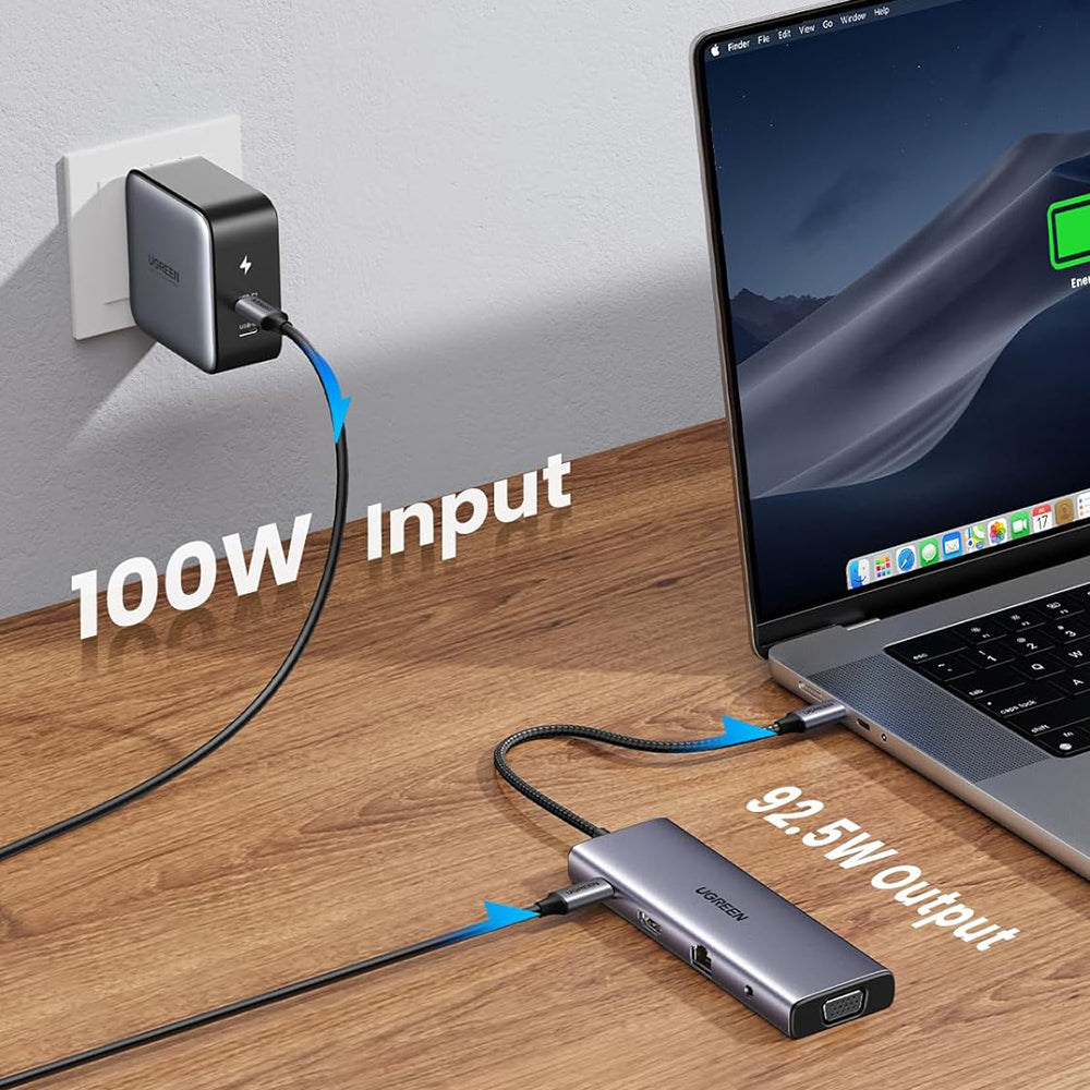 Hub USB-C UGREEN CM498 (15601), 3 x USB-A 3.0 - 1 x USB-C - 1 x HDMI - 1 x VGA - 1 x Jack 3.5mm - 1 x RJ45 - 1 x SD - 1 x microSD, Sivý