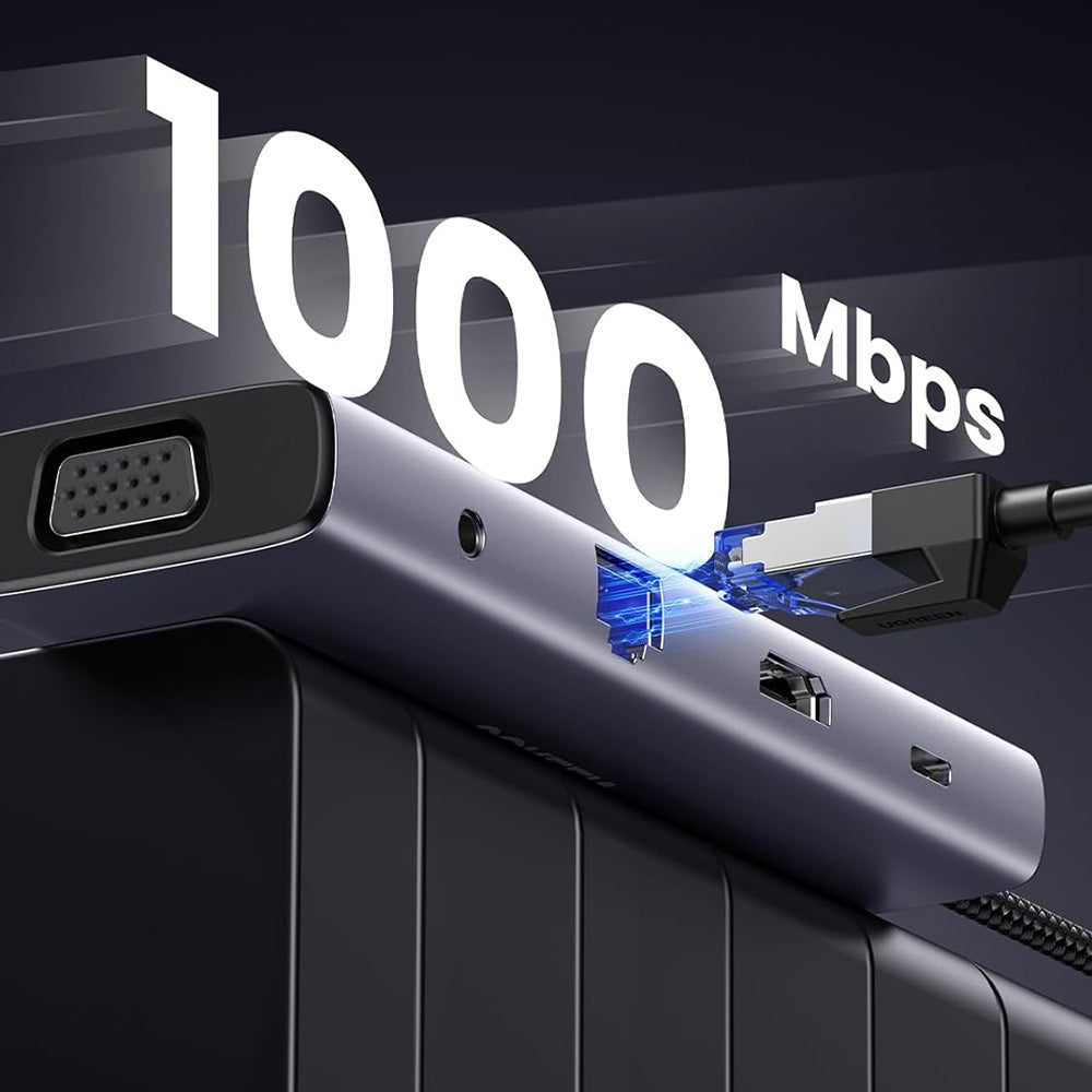 Hub USB-C UGREEN CM498 (15601), 3 x USB-A 3.0 - 1 x USB-C - 1 x HDMI - 1 x VGA - 1 x Jack 3.5mm - 1 x RJ45 - 1 x SD - 1 x microSD, Sivý