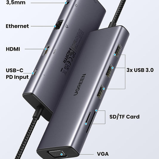 Hub USB-C UGREEN CM498 (15601), 3 x USB-A 3.0 - 1 x USB-C - 1 x HDMI - 1 x VGA - 1 x Jack 3.5mm - 1 x RJ45 - 1 x SD - 1 x microSD, Sivý