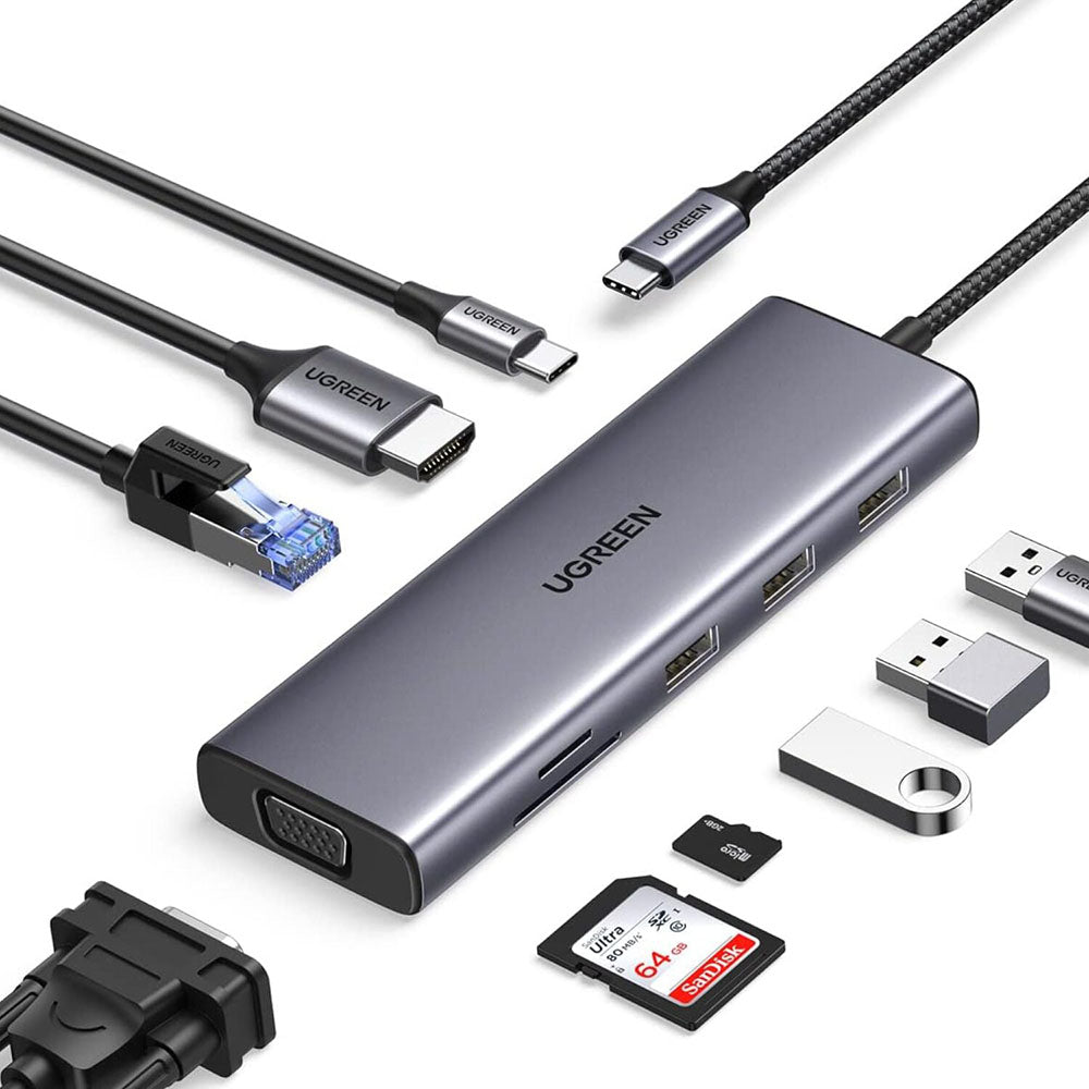 Hub USB-C UGREEN CM498 (15600), 3 x USB-A 3.0 - 1 x USB-C - 1 x HDMI - 1 x VGA - 1 x RJ45 - 1 x SD - 1 x microSD, Sivý