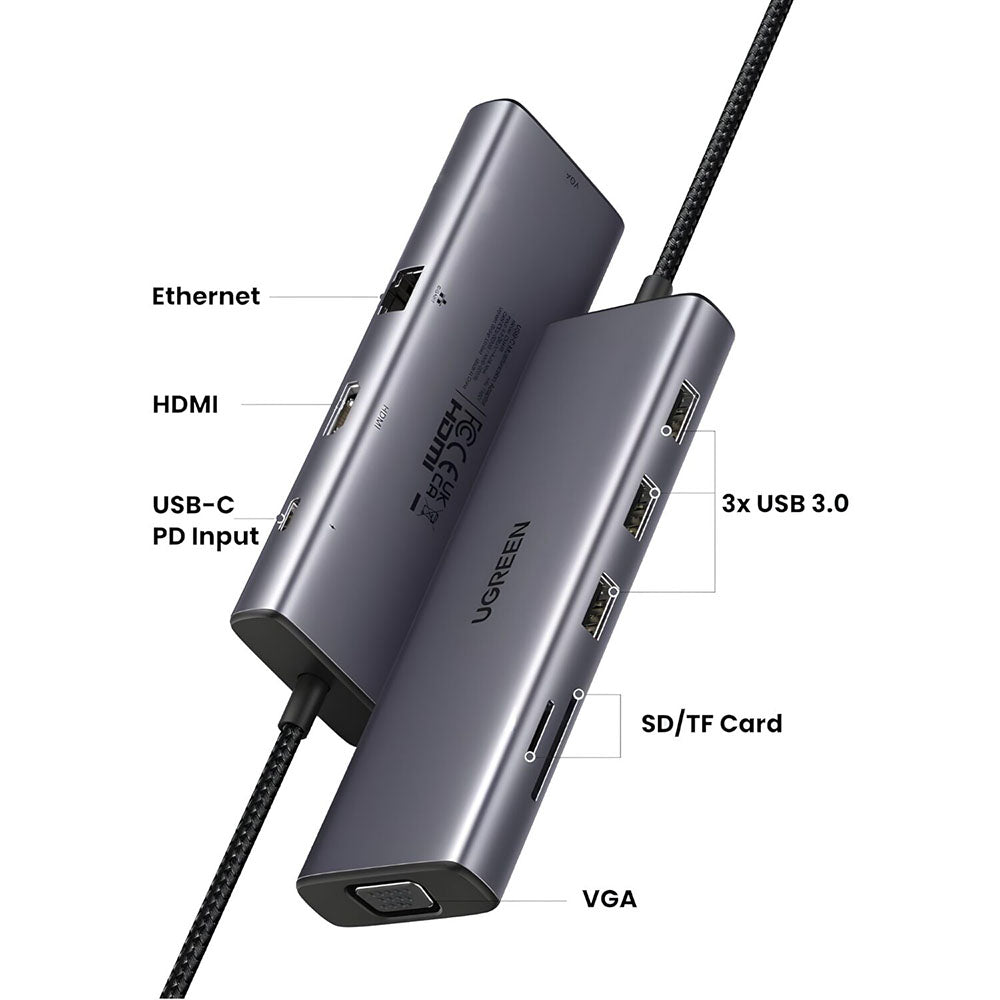 Hub USB-C UGREEN CM498 (15600), 3 x USB-A 3.0 - 1 x USB-C - 1 x HDMI - 1 x VGA - 1 x RJ45 - 1 x SD - 1 x microSD, Sivý