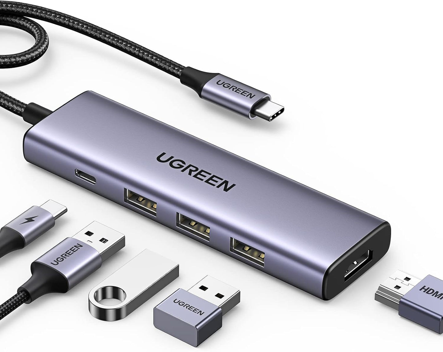 Hub USB-C UGREEN CM511, 3 x USB-A 3.0 - 1 x USB-C - 1 x HDMI, Sivý
