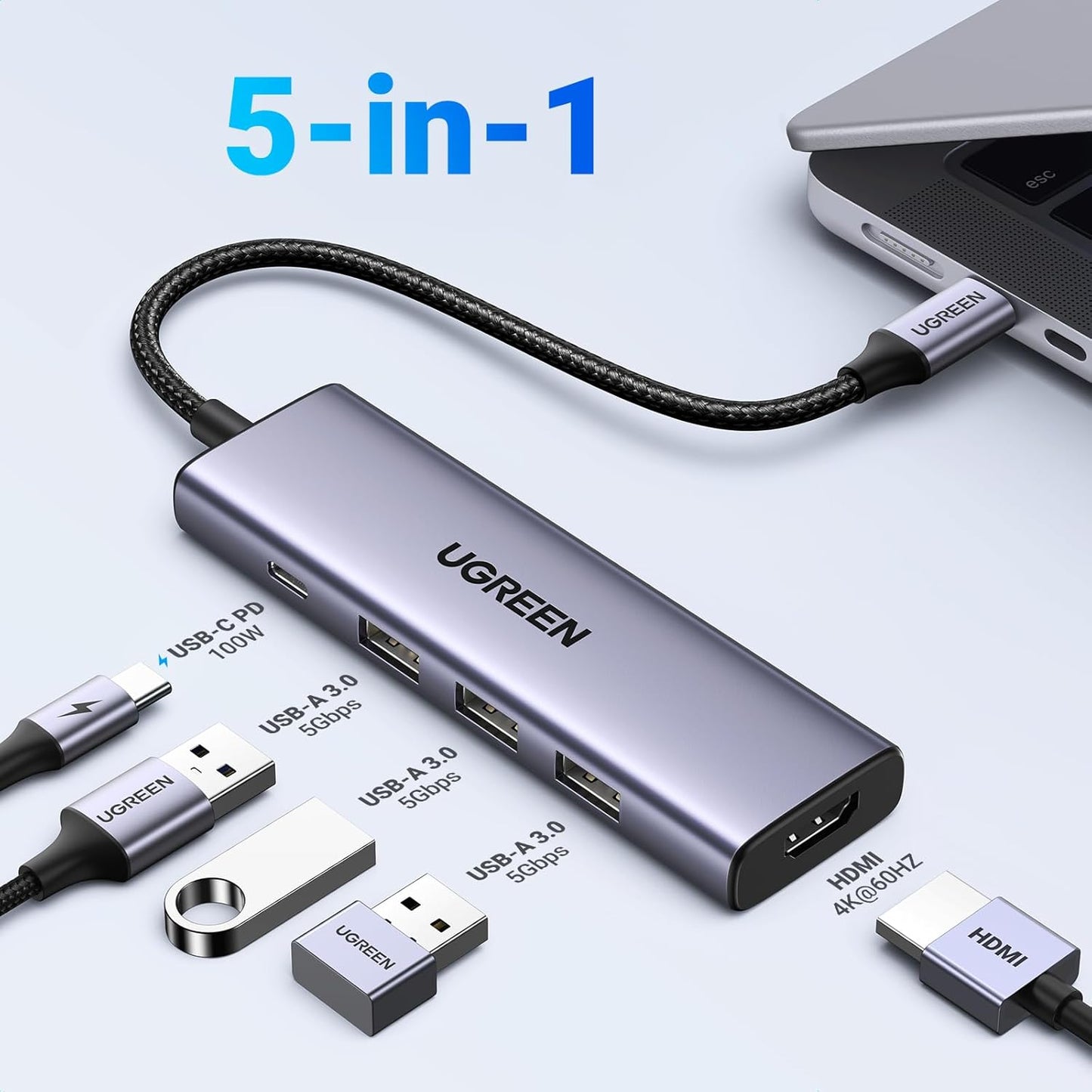 Hub USB-C UGREEN CM511, 3 x USB-A 3.0 - 1 x USB-C - 1 x HDMI, Sivý