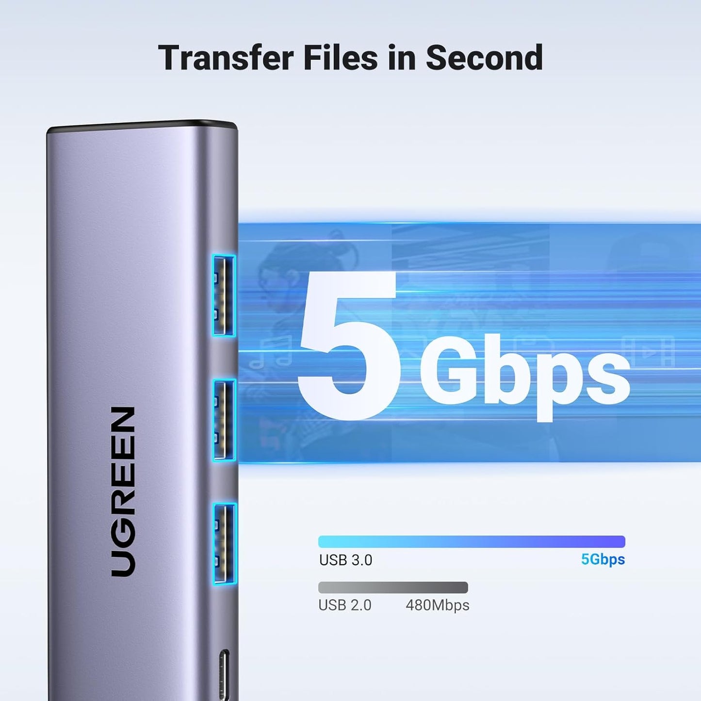 Hub USB-C UGREEN CM511, 3 x USB-A 3.0 - 1 x USB-C - 1 x HDMI, Sivý