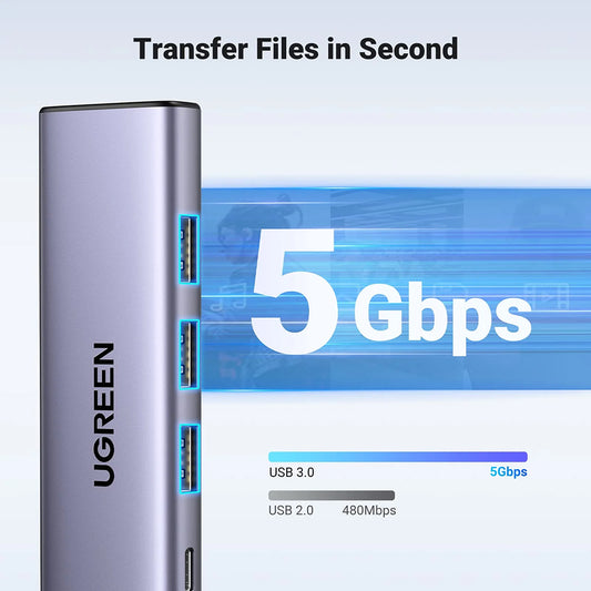 Hub USB-C UGREEN CM511 (15596), 3 x USB-A 3.0 - 1 x USB-C - 1 x HDMI, Sivý