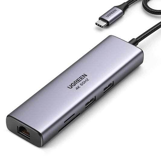 Hub USB-C UGREEN CM512, 2 x USB-A 3.0 - 1 x USB-C - 1 x HDMI - 1 x SD - 1 x microSD - RJ45, Sivý
