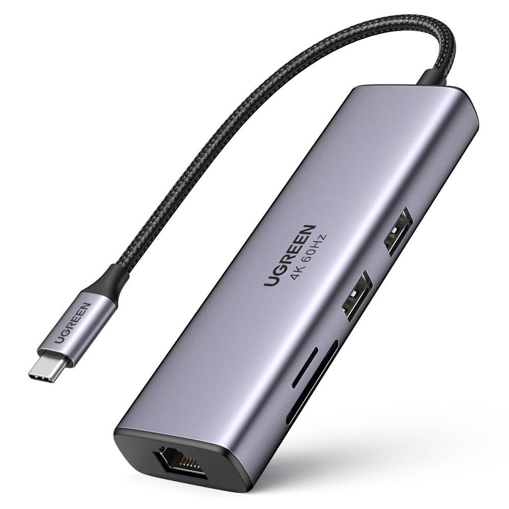 Hub USB-C UGREEN CM512 (60515), 2 x USB-A 3.0 - 1 x USB-C - 1 x HDMI - 1 x SD - 1 x microSD - 1 x RJ45, Sivý