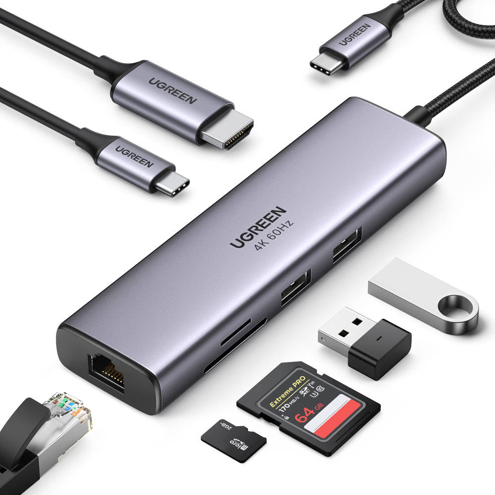 Hub USB-C UGREEN CM512 (60515), 2 x USB-A 3.0 - 1 x USB-C - 1 x HDMI - 1 x SD - 1 x microSD - 1 x RJ45, Sivý