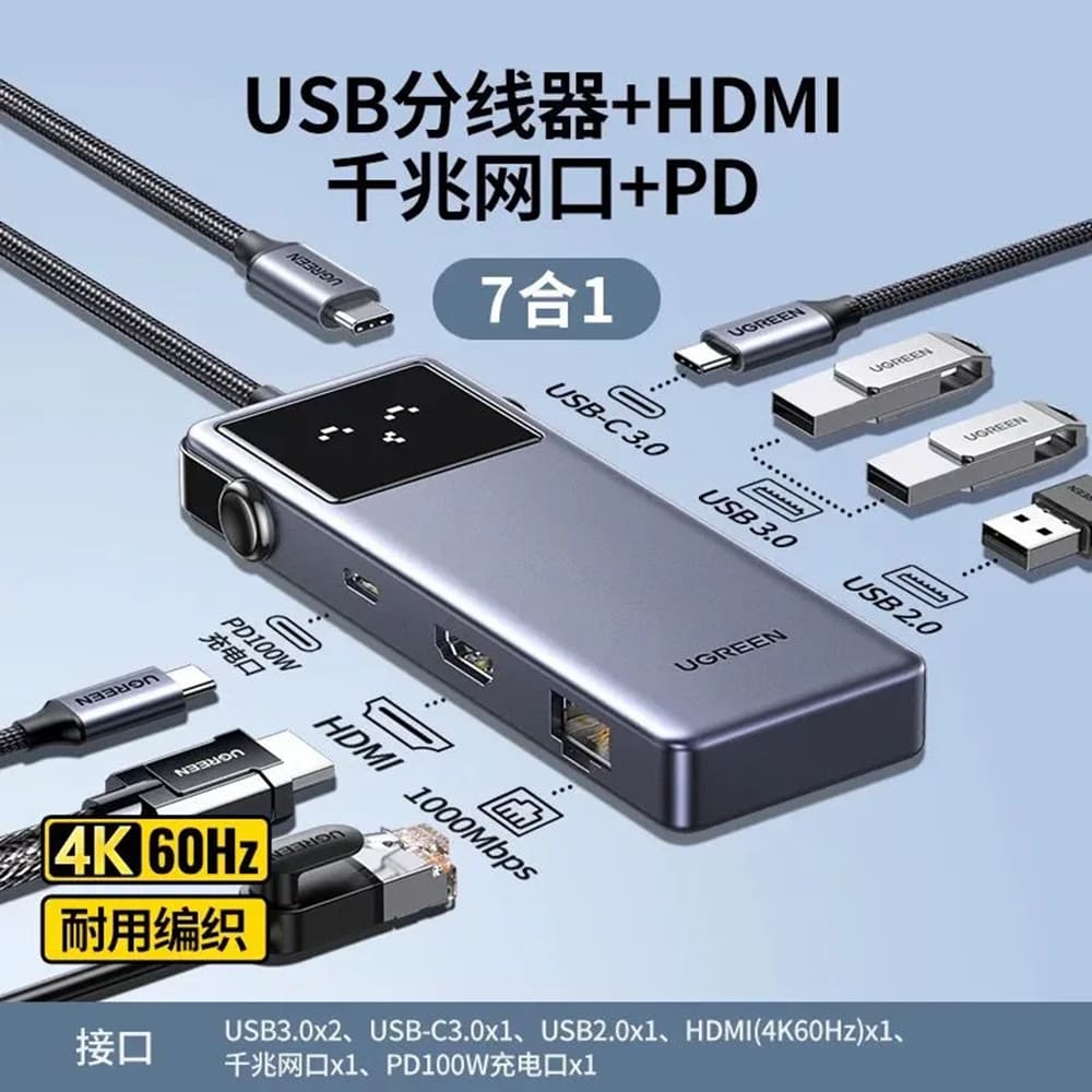 UGREEN CM888 (45155) Uno USB-C Hub, 6in1, Gray