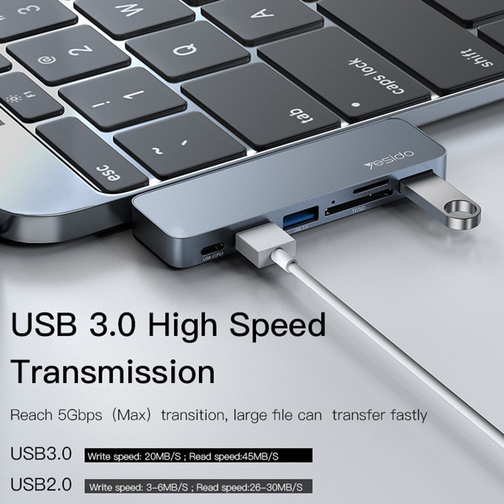 USB-C hub Yesido HB10 pre Apple MacBook Pro / Air, 6v1, Sivý