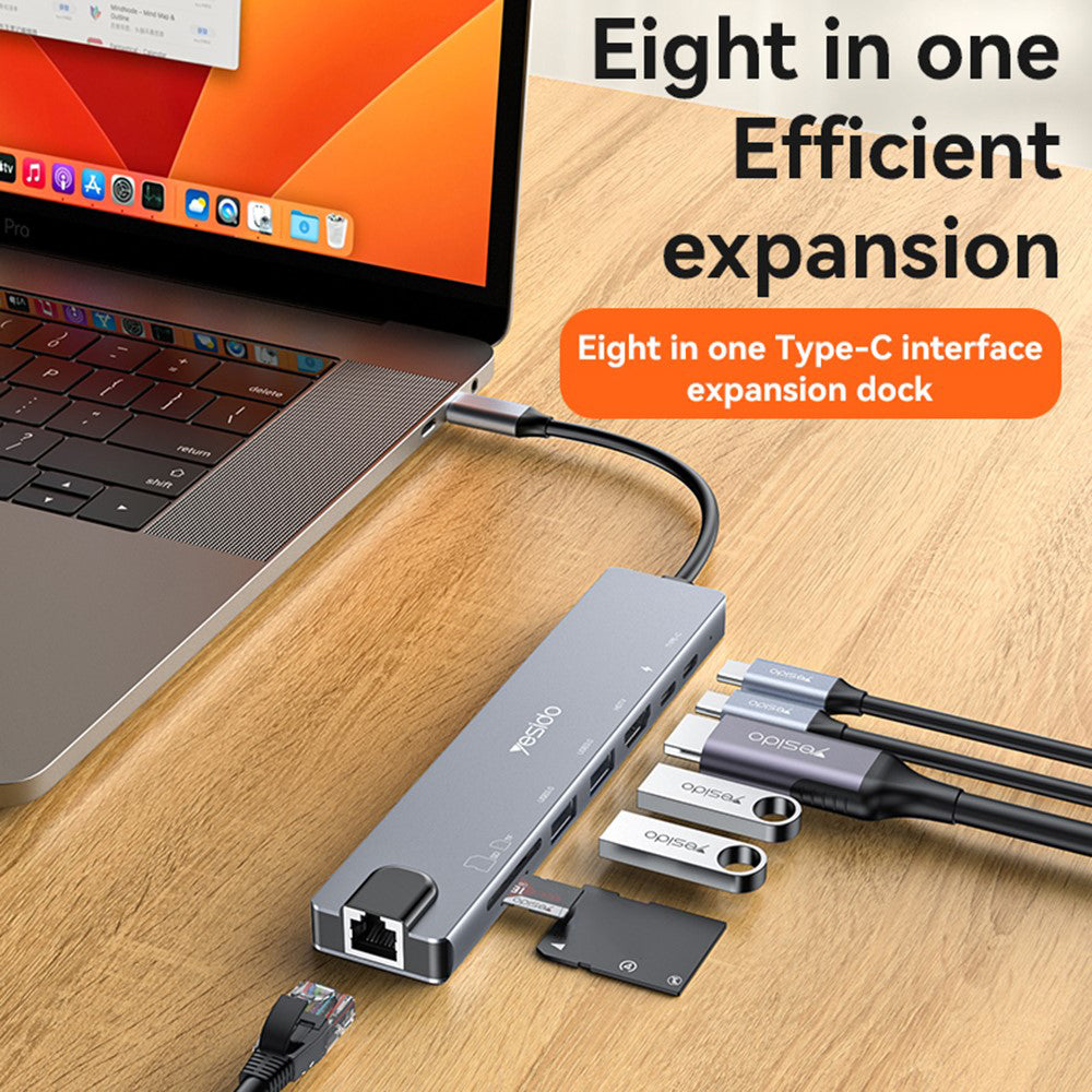 Hub USB-C Yesido HB27, 8v1, Sivý