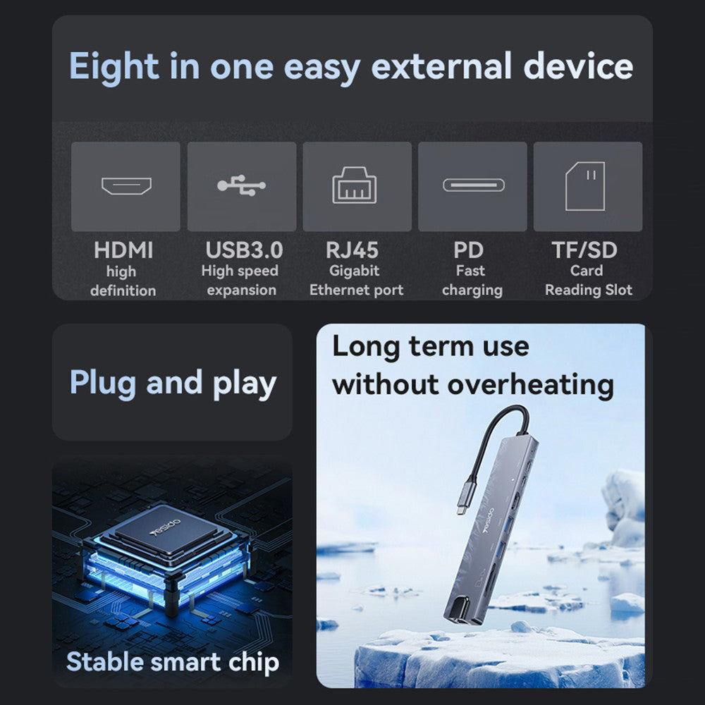 Hub USB-C Yesido HB27, 8v1, Sivý