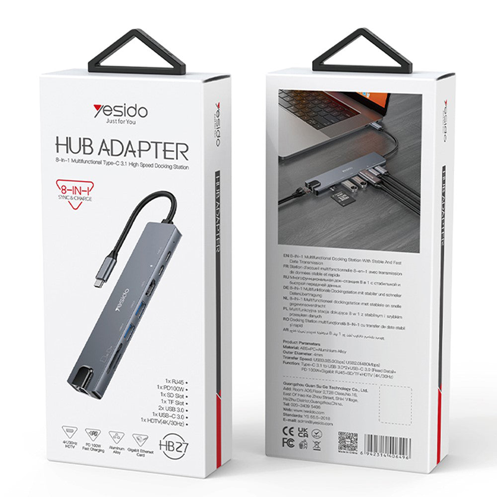 Hub USB-C Yesido HB27, 8v1, Sivý