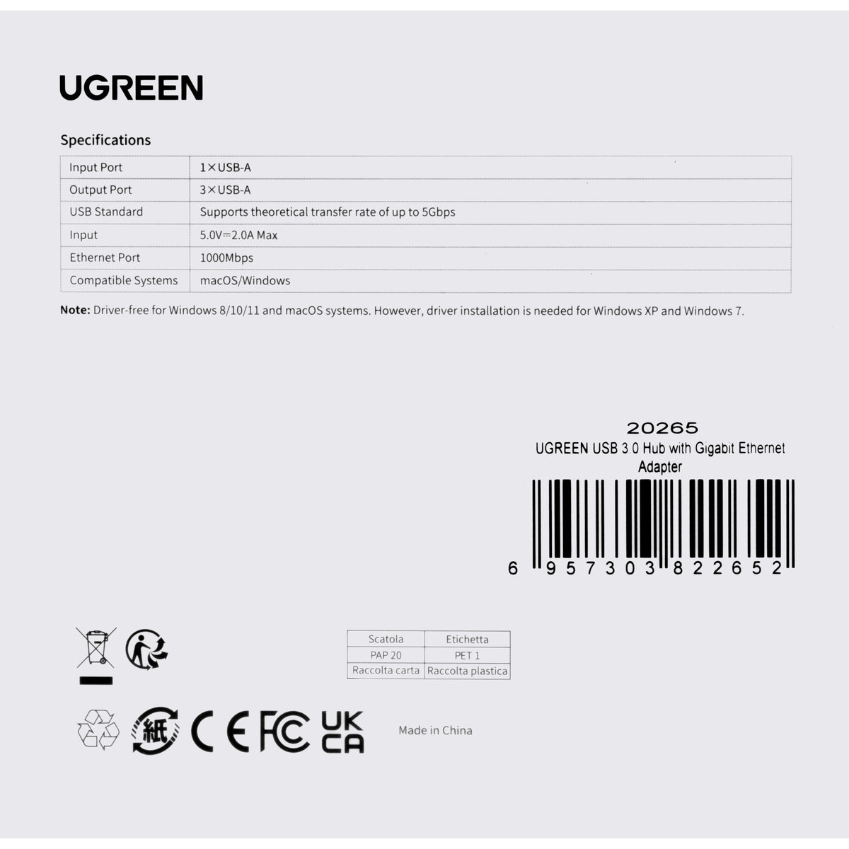 Hub USB UGREEN 20265, 3 x USB-A 3.0 - 1 x RJ45, čierny