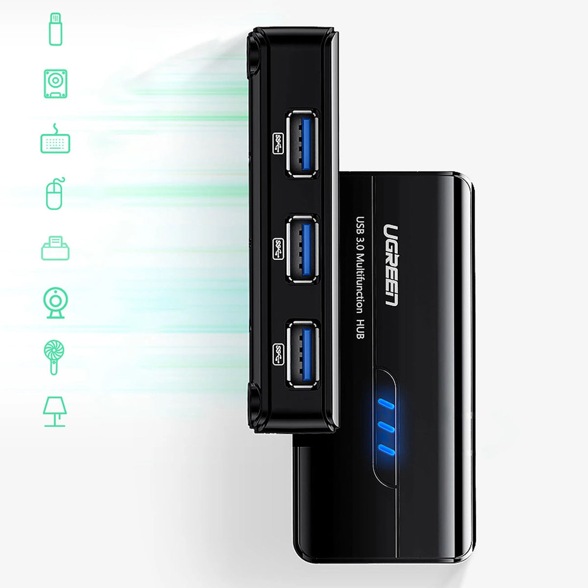Hub USB UGREEN 20265, 3 x USB-A 3.0 - 1 x RJ45, čierny