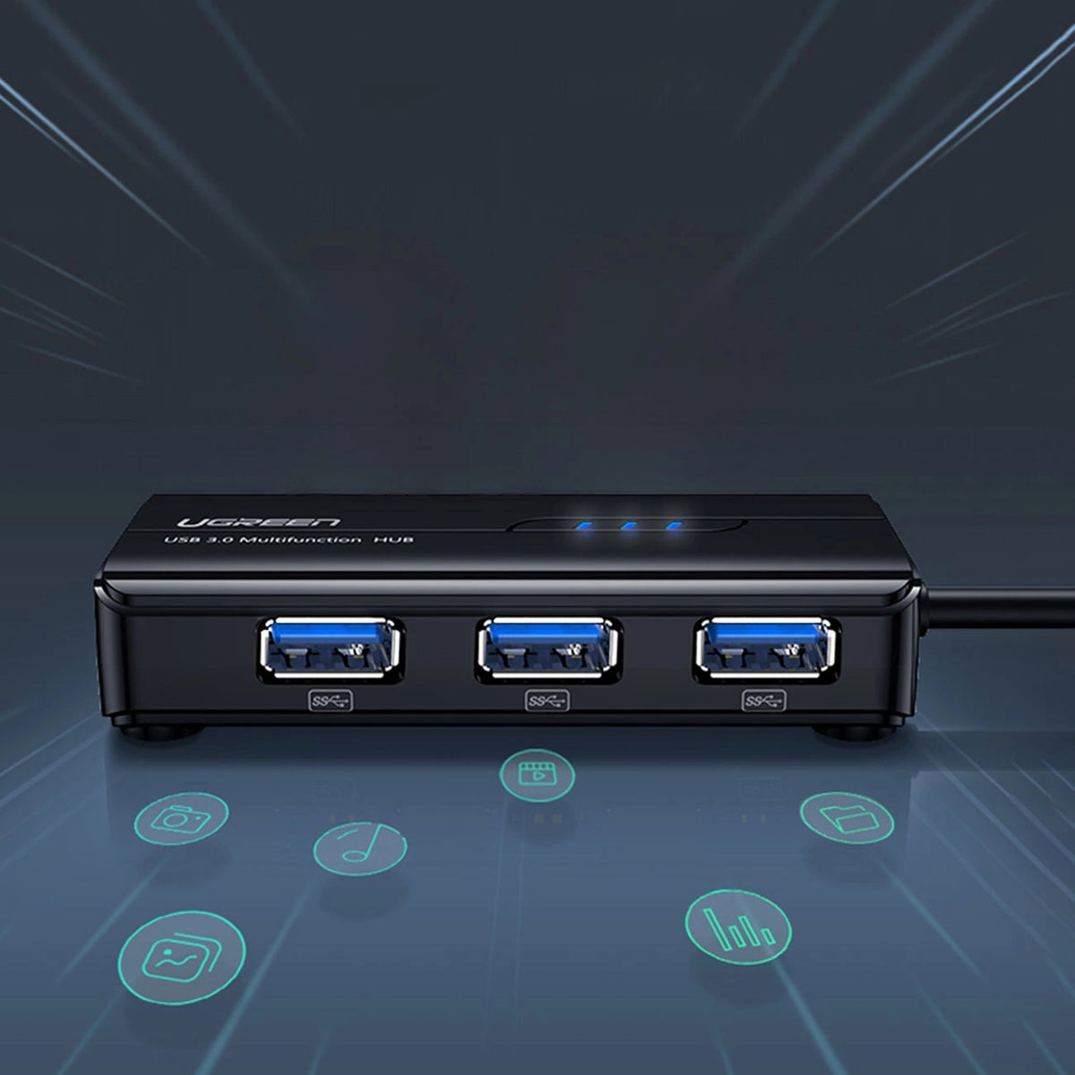 Hub USB UGREEN 20265, 3 x USB-A 3.0 - 1 x RJ45, čierny