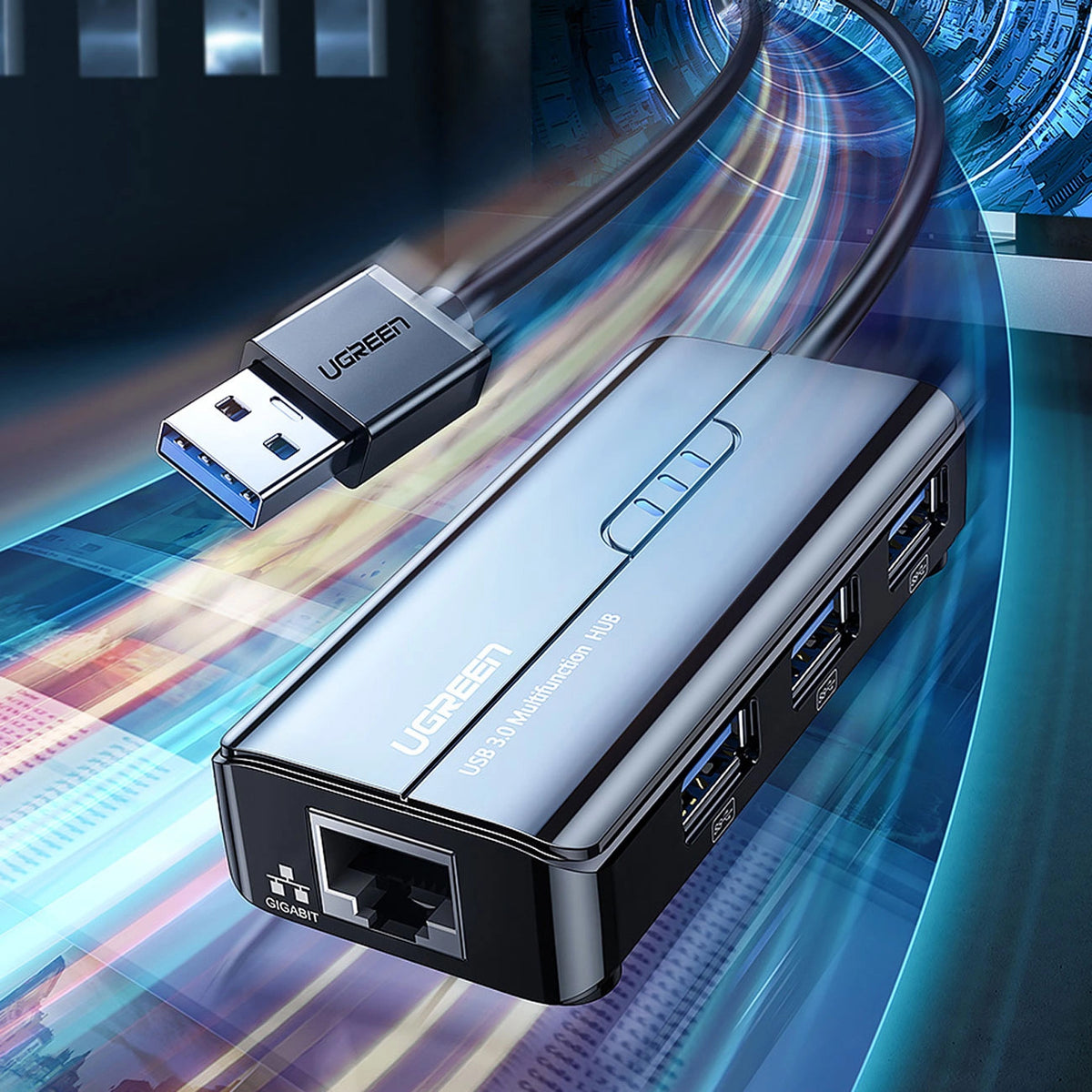 Hub USB UGREEN 20265, 3 x USB-A 3.0 - 1 x RJ45, čierny