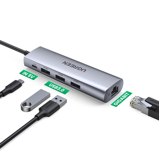 USB Hub UGREEN CM266, 3 x USB-A 3.0 - 1 x RJ45, Grey