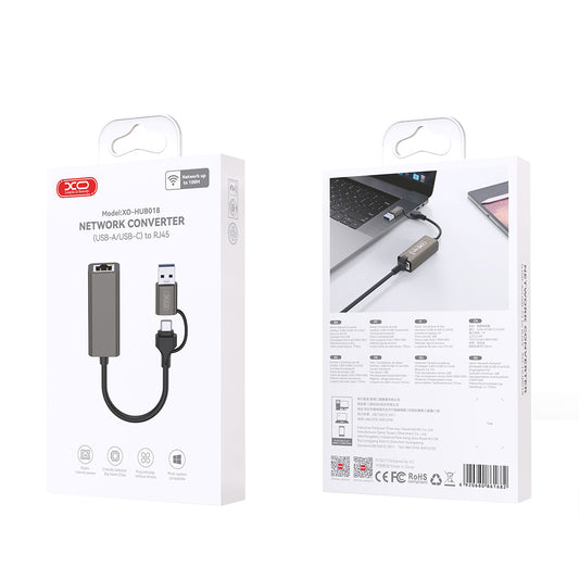 Sieťová karta XO Design HUB018, RJ45, USB-C / USB, Sivá