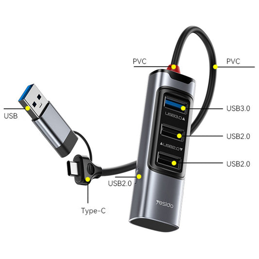 USB / USB-C hub Yesido HB19, 4v1, Sivý