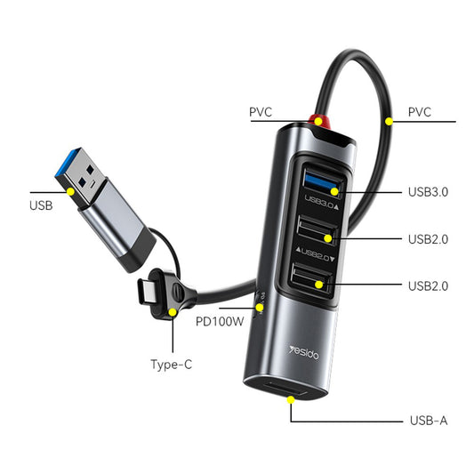 USB / USB-C hub Yesido HB20, 5v1, Sivý