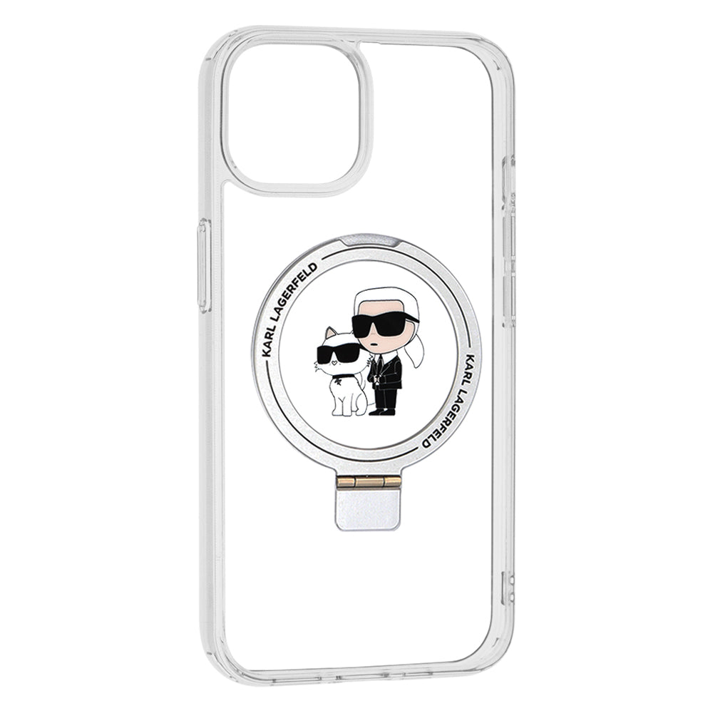 Puzdro MagSafe pre Apple iPhone 14, Karl Lagerfeld, Ring Stand Karl & Choupette, Biela