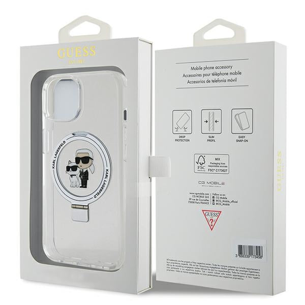 Puzdro MagSafe pre Apple iPhone 14, Karl Lagerfeld, Ring Stand Karl & Choupette, Biela