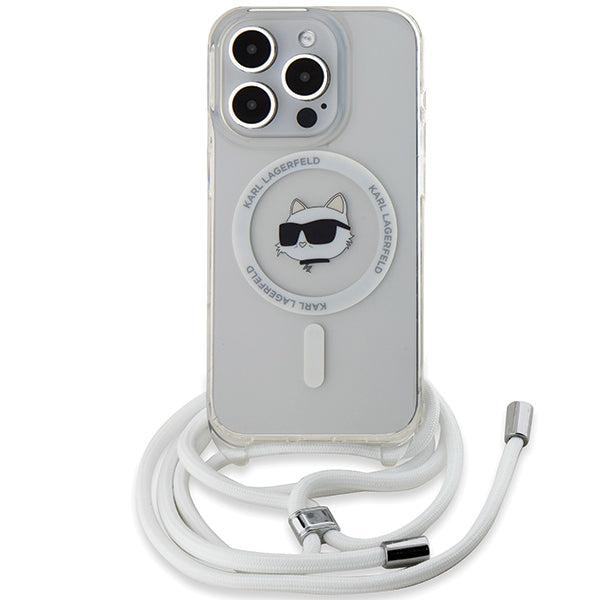 Puzdro MagSafe pre Apple iPhone 14 Pro, Karl Lagerfeld, IML Crossbody Choupette's Head with Strap, Transparentné