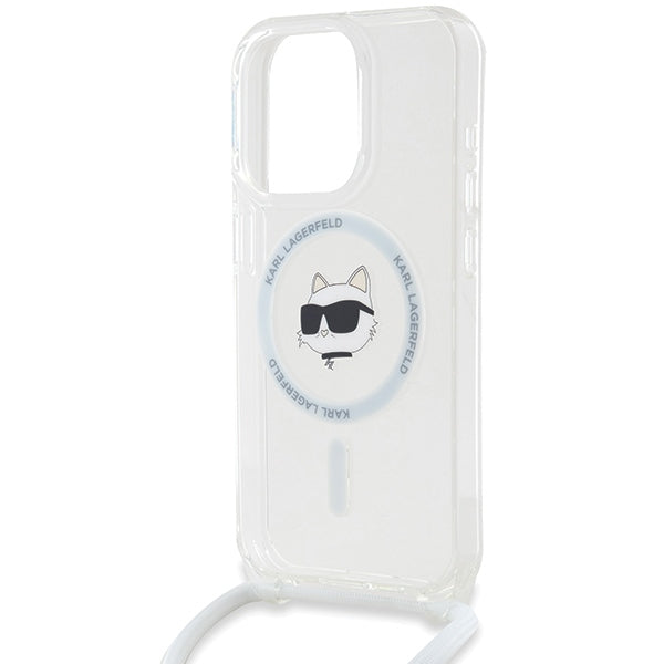 Puzdro MagSafe pre Apple iPhone 14 Pro, Karl Lagerfeld, IML Crossbody Choupette's Head with Strap, Transparentné