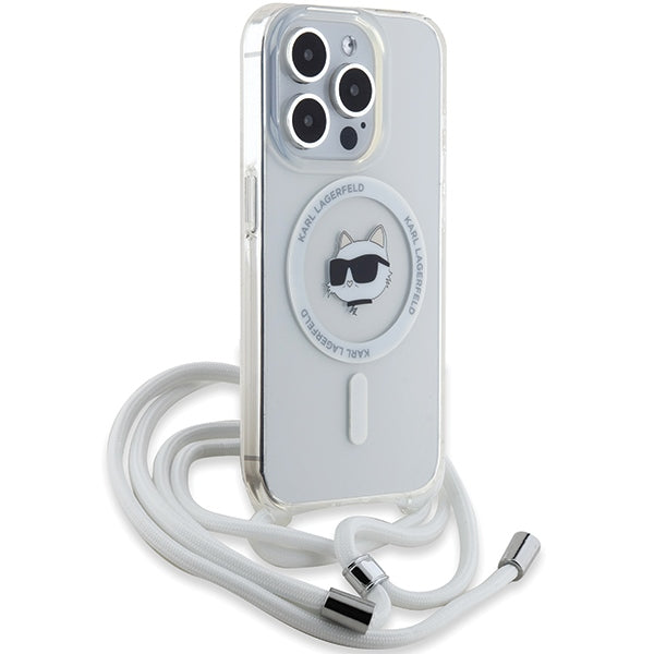 Puzdro MagSafe pre Apple iPhone 14 Pro, Karl Lagerfeld, IML Crossbody Choupette's Head with Strap, Transparentné