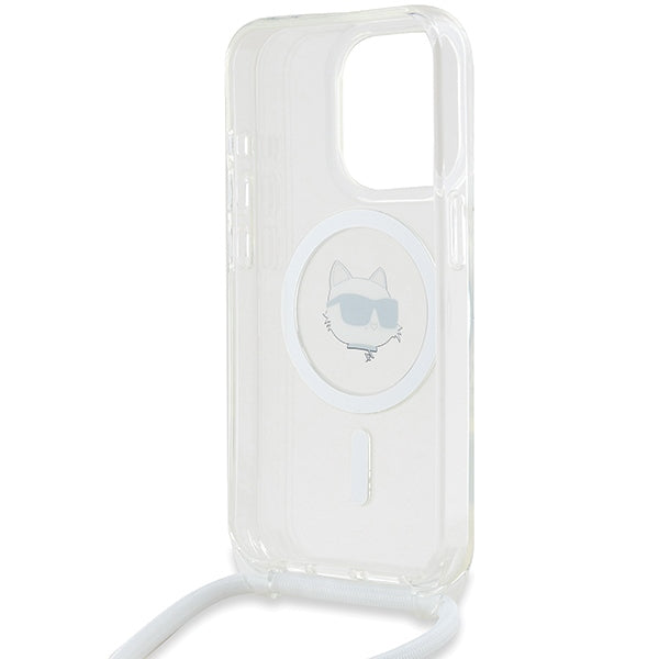 Puzdro MagSafe pre Apple iPhone 14 Pro, Karl Lagerfeld, IML Crossbody Choupette's Head with Strap, Transparentné