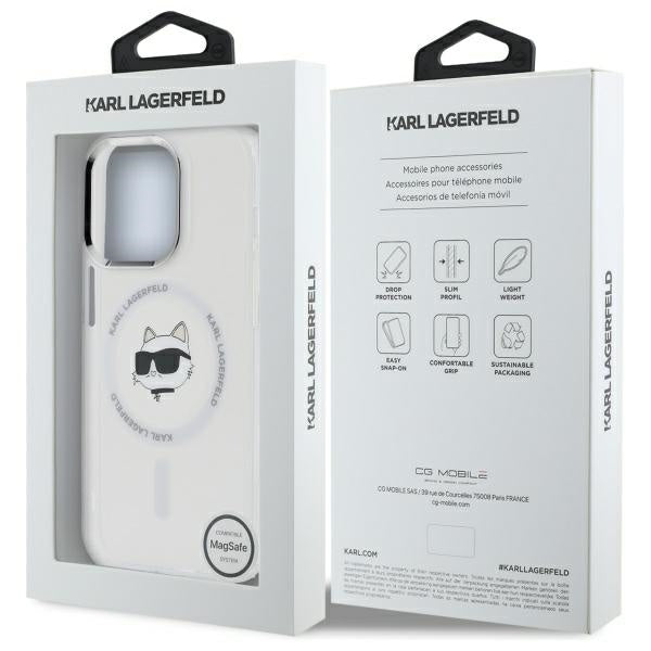 Puzdro MagSafe pre Apple iPhone 14 Pro, Karl Lagerfeld, IML Metal Choupette's Head, Biela