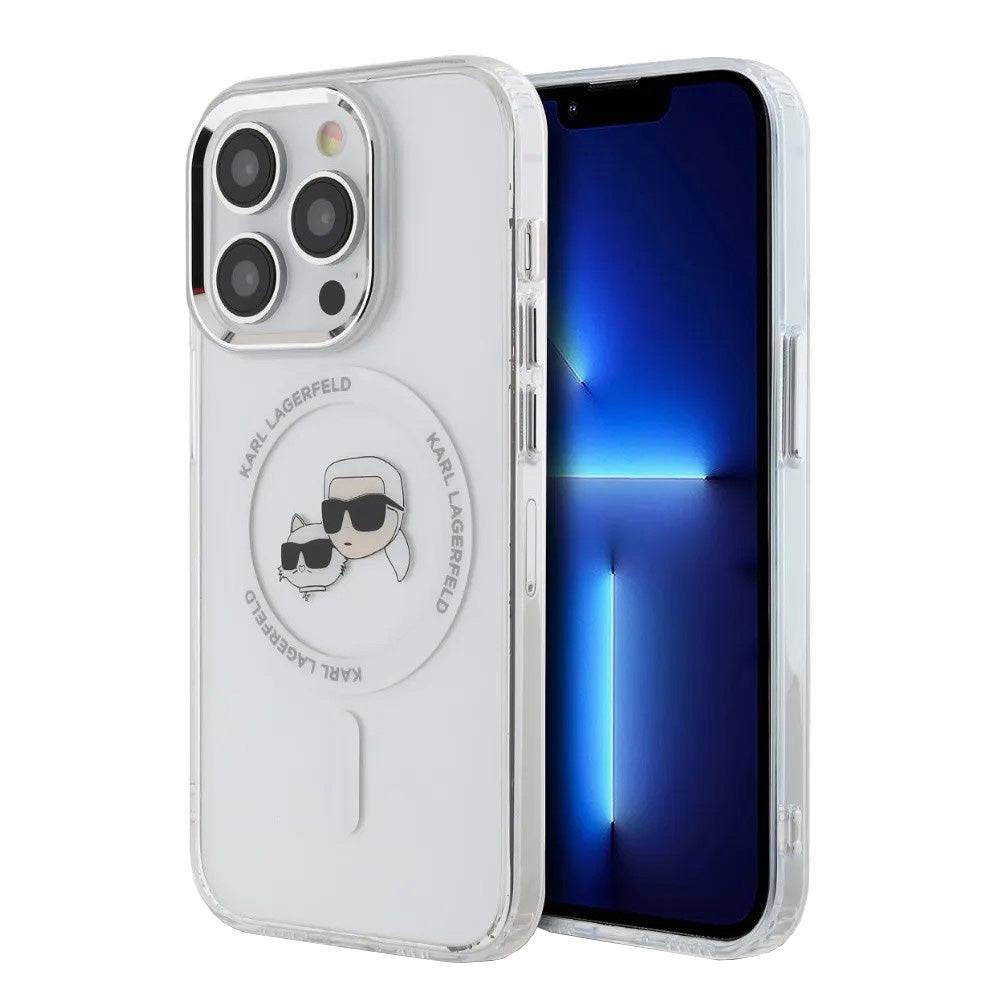 Puzdro MagSafe pre Apple iPhone 14 Pro, Karl Lagerfeld, IML Metal Karl & Choupette's Heads, Biela