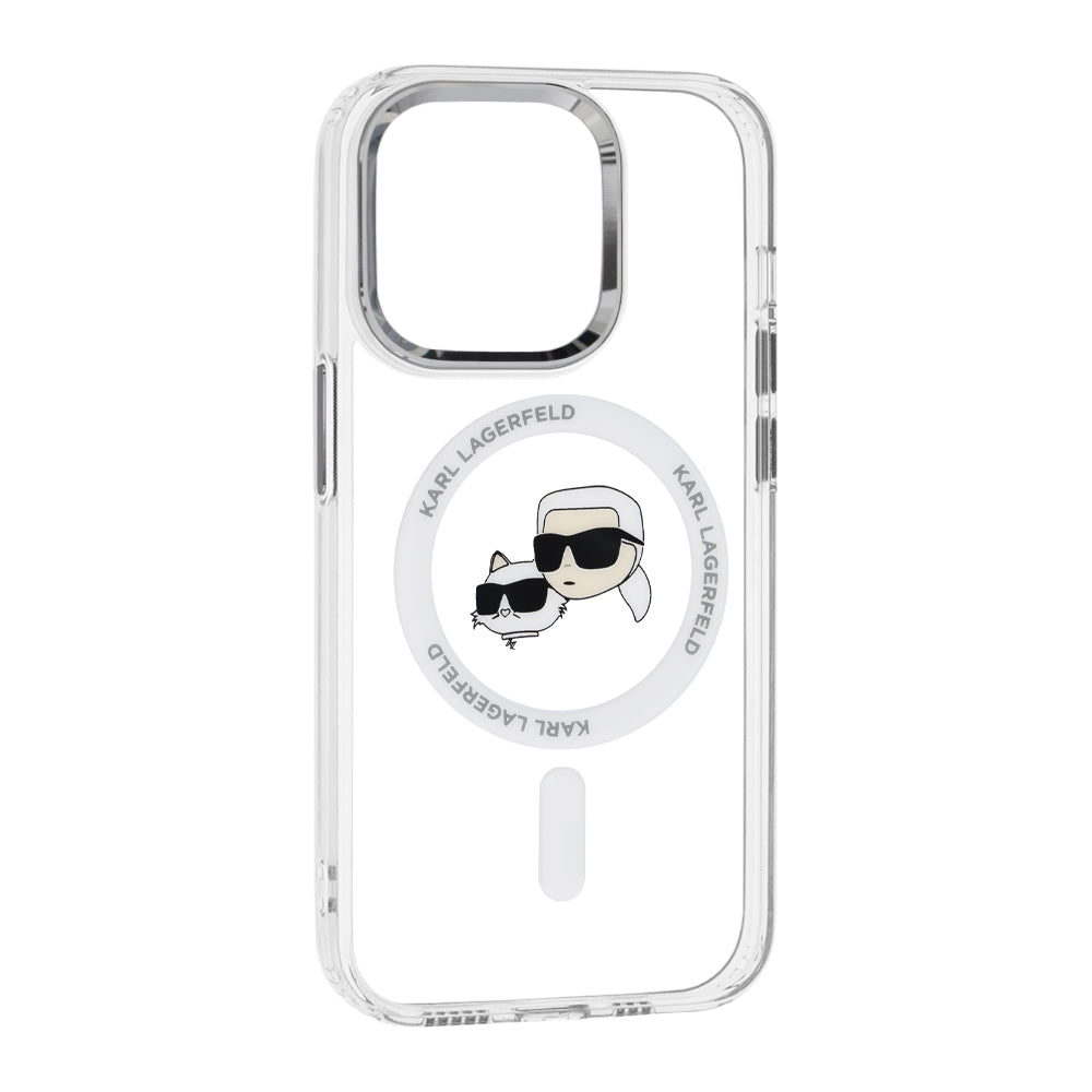 Puzdro MagSafe pre Apple iPhone 14 Pro, Karl Lagerfeld, IML Metal Karl & Choupette's Heads, Biela