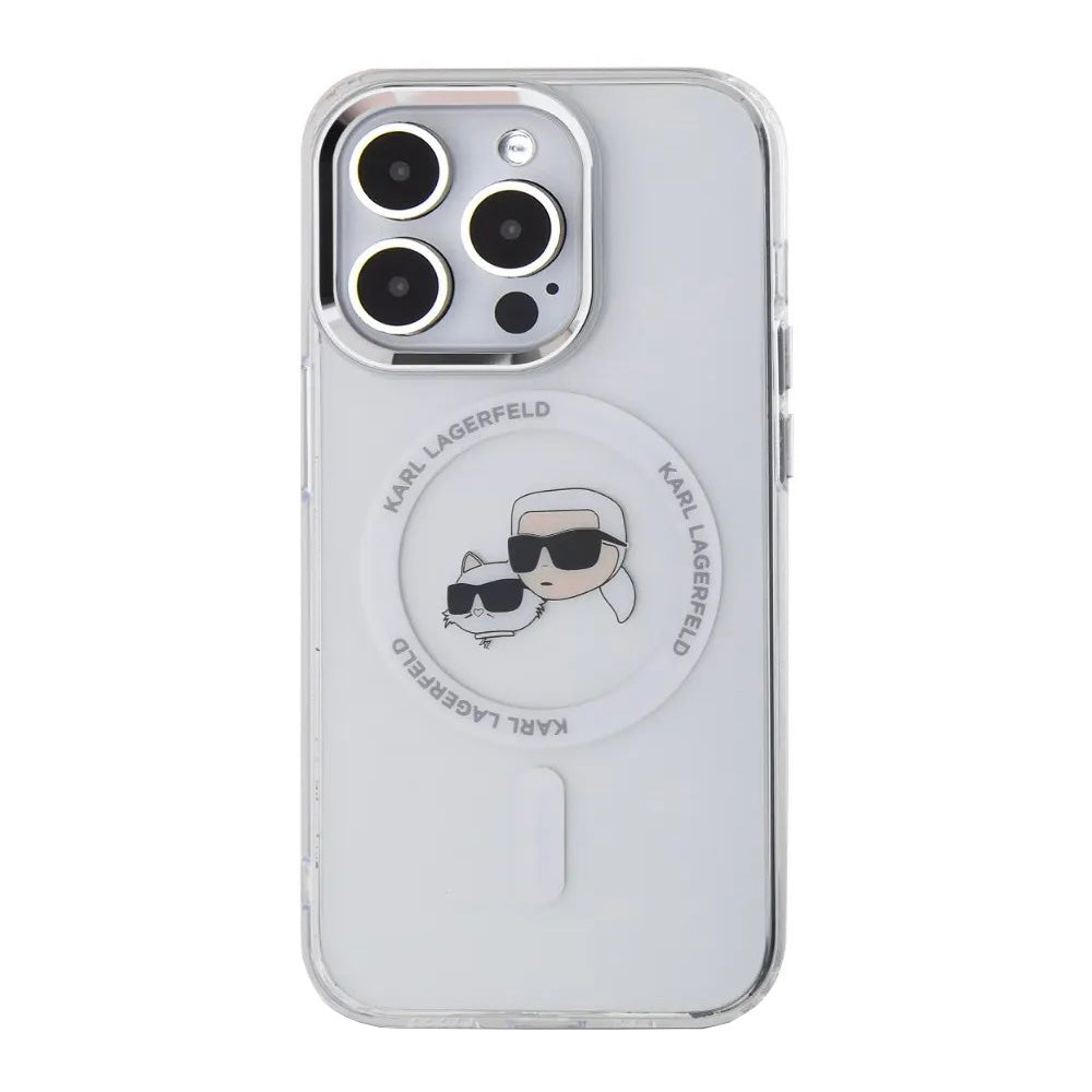 Puzdro MagSafe pre Apple iPhone 14 Pro, Karl Lagerfeld, IML Metal Karl & Choupette's Heads, Biela