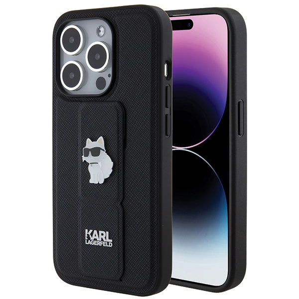 Puzdro MagSafe pre Apple iPhone 14 Pro, Karl Lagerfeld, Saffiano Gripstand Choupette, Čierne