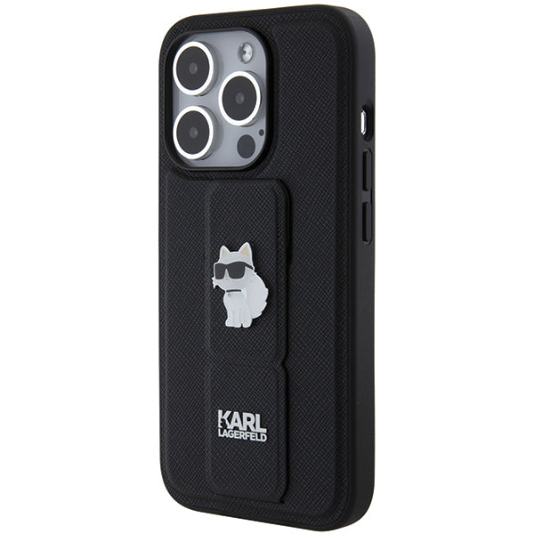 Puzdro MagSafe pre Apple iPhone 14 Pro, Karl Lagerfeld, Saffiano Gripstand Choupette, Čierne