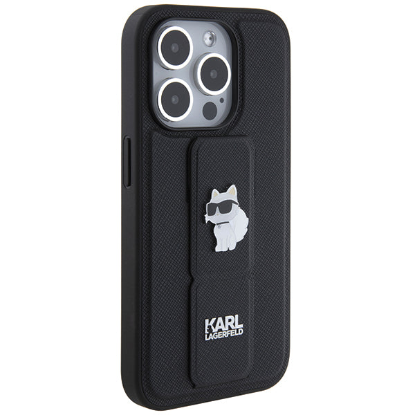 Puzdro MagSafe pre Apple iPhone 14 Pro, Karl Lagerfeld, Saffiano Gripstand Choupette, Čierne