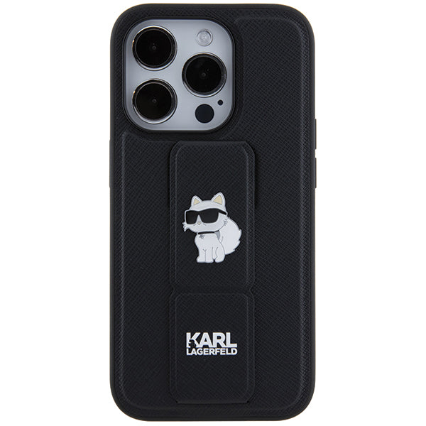 Puzdro MagSafe pre Apple iPhone 14 Pro, Karl Lagerfeld, Saffiano Gripstand Choupette, Čierne