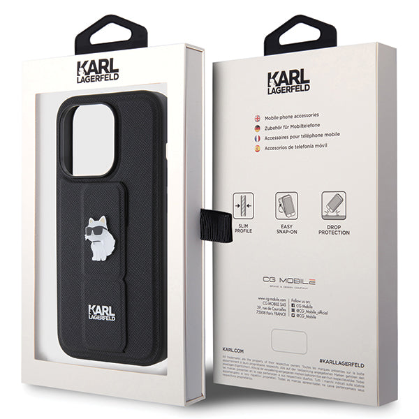 Puzdro MagSafe pre Apple iPhone 14 Pro, Karl Lagerfeld, Saffiano Gripstand Choupette, Čierne