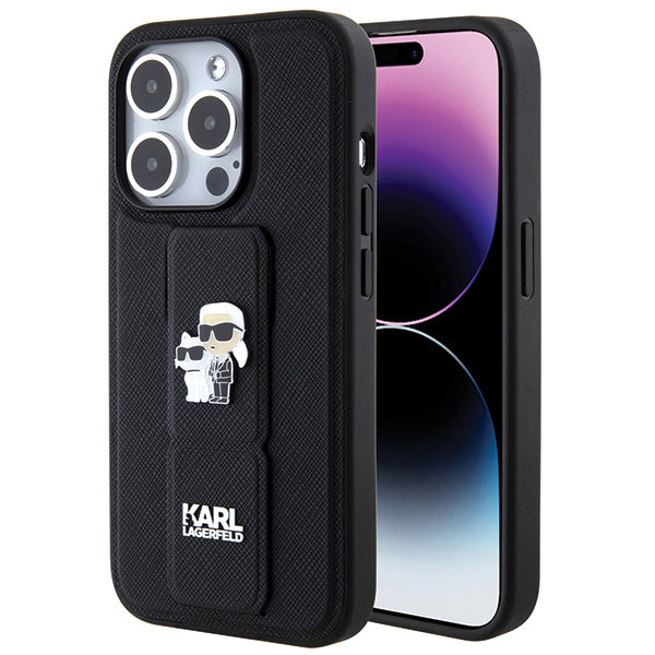 Puzdro MagSafe pre Apple iPhone 14 Pro, Karl Lagerfeld, Saffiano Gripstand Karl & Choupette, Čierne