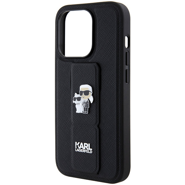Puzdro MagSafe pre Apple iPhone 14 Pro, Karl Lagerfeld, Saffiano Gripstand Karl & Choupette, Čierne