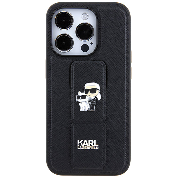 Puzdro MagSafe pre Apple iPhone 14 Pro, Karl Lagerfeld, Saffiano Gripstand Karl & Choupette, Čierne