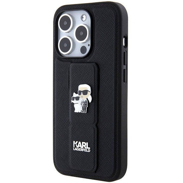 Puzdro MagSafe pre Apple iPhone 14 Pro, Karl Lagerfeld, Saffiano Gripstand Karl & Choupette, Čierne