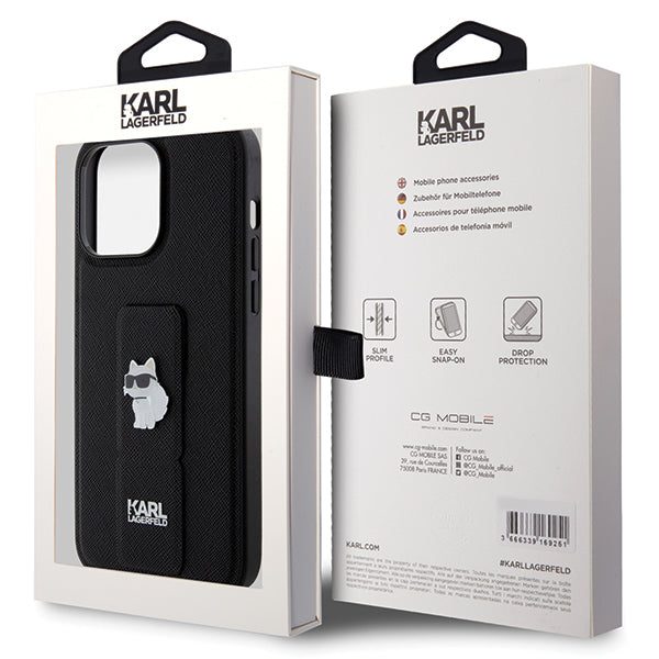 Puzdro MagSafe pre Apple iPhone 14 Pro Max, Karl Lagerfeld, Saffiano Gripstand Choupette, Čierne