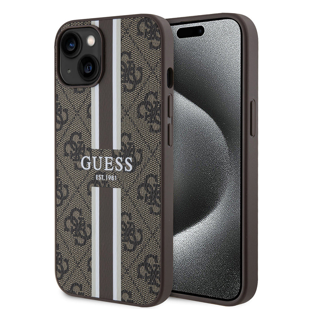 Puzdro MagSafe pre Apple iPhone 15, Guess, 4G Printed Stripes, Hnedá